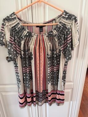Style & Co. Short Sleeve Printed Tunic Top - Pink, Black, Cream, Tan